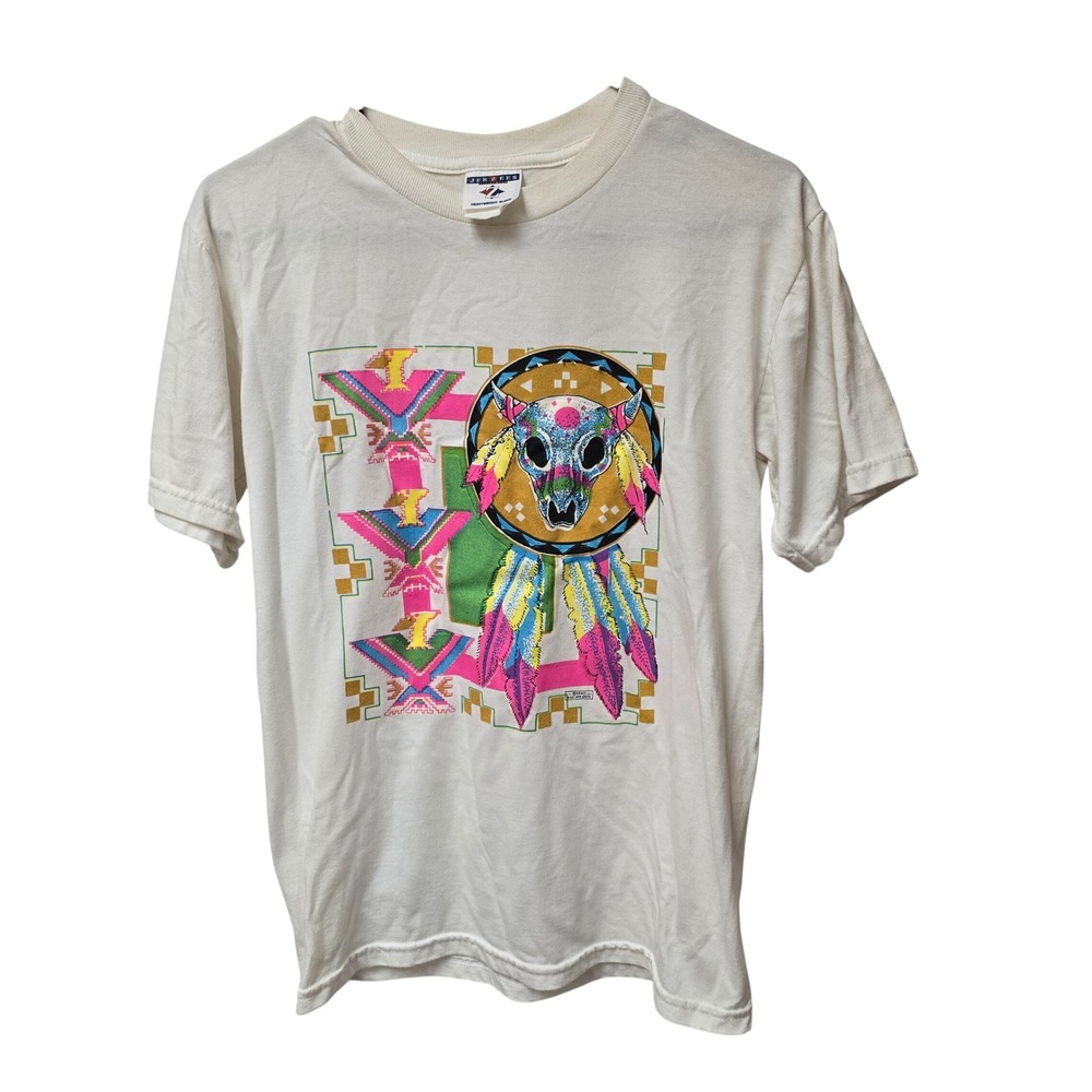 Vintage 1990 Jerzees Southwestern Bull Skull Graphic T-Shirt White Neon Small